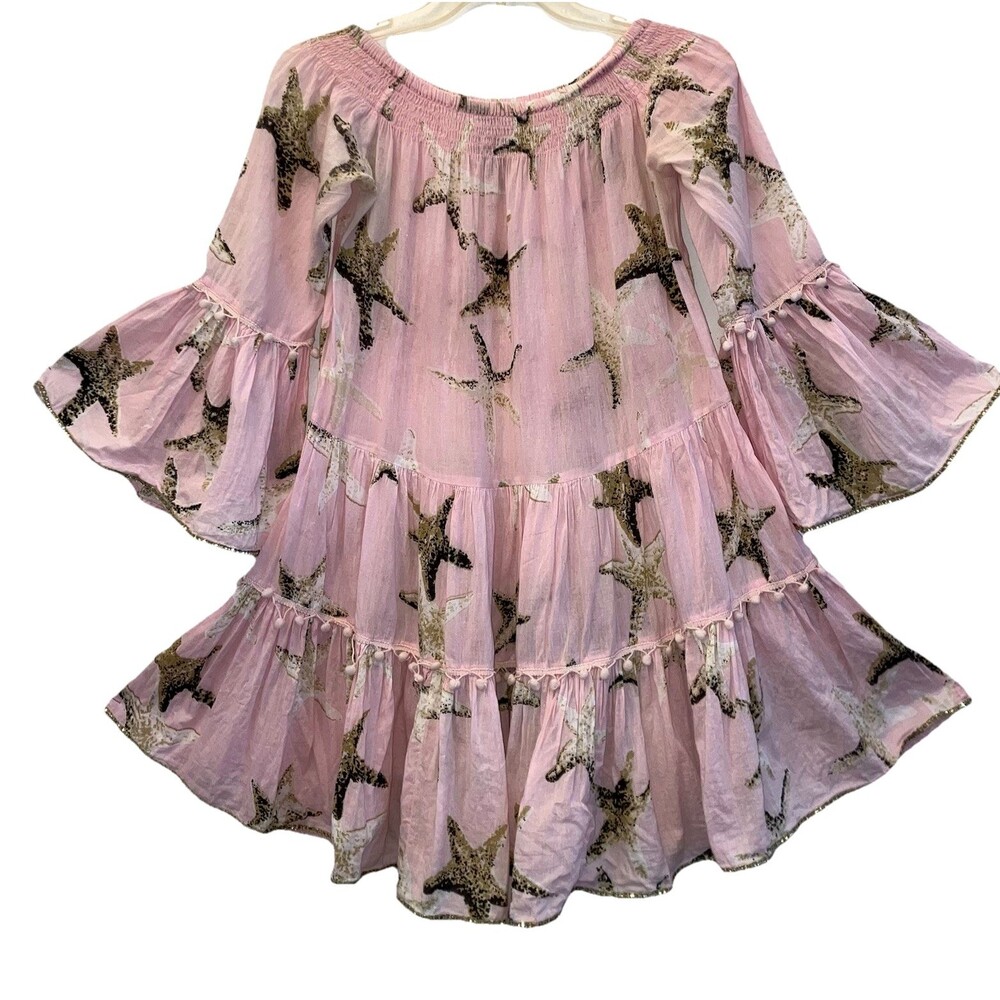 DEBBIE KATZ sz XS 100% Cotton Pink Flowy Tiered Dress Swim Cover Seashells Beach